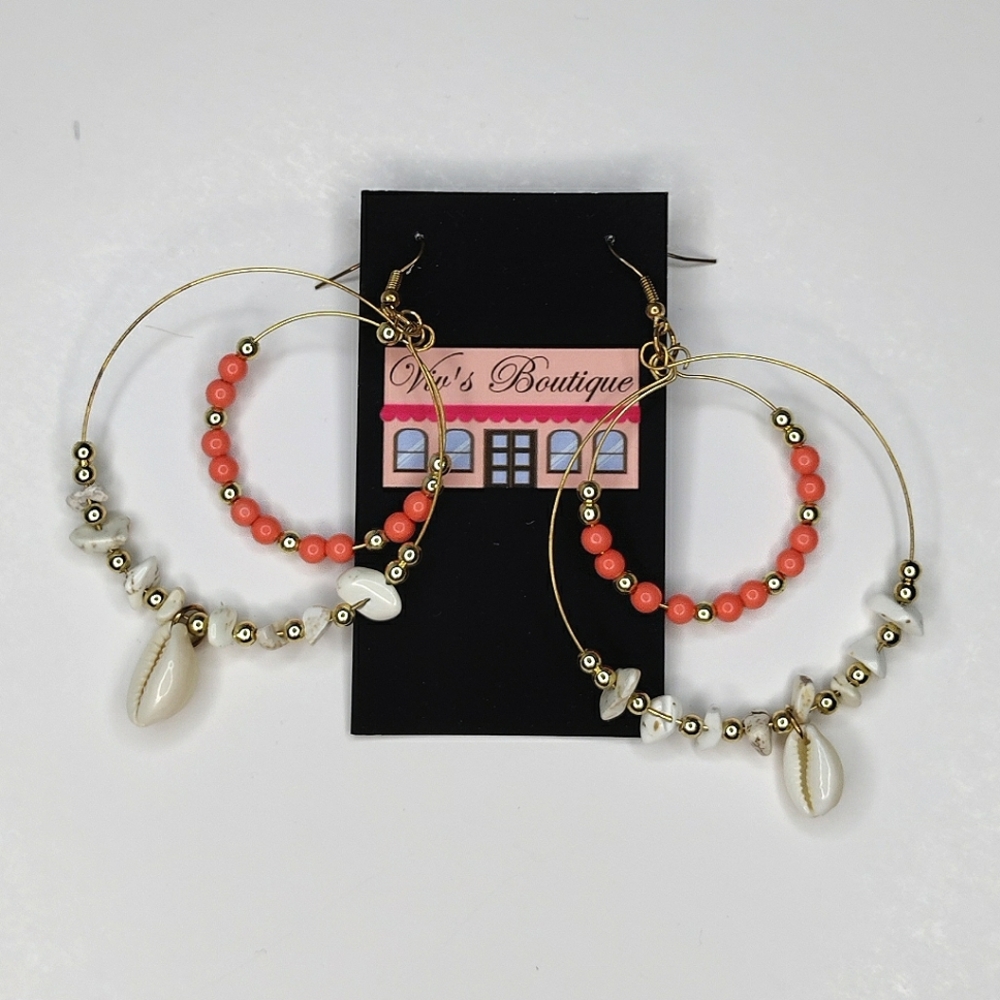 Gold Double Hoop Coral Pink Shell Earrings